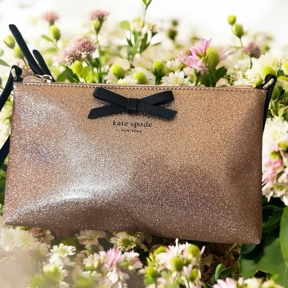 Kate Spade Emery Street Amy Glitter Rose Gold Crossbody With Black Bow - Picture 8 of 14